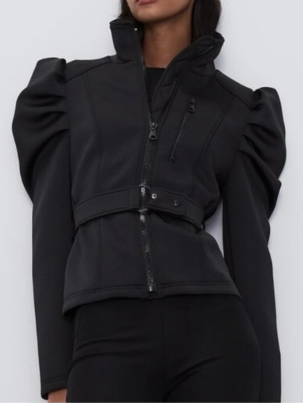 NWT ZARA Black Neoprene Effect Puff Sleeve Belted Moto Jacket Small S